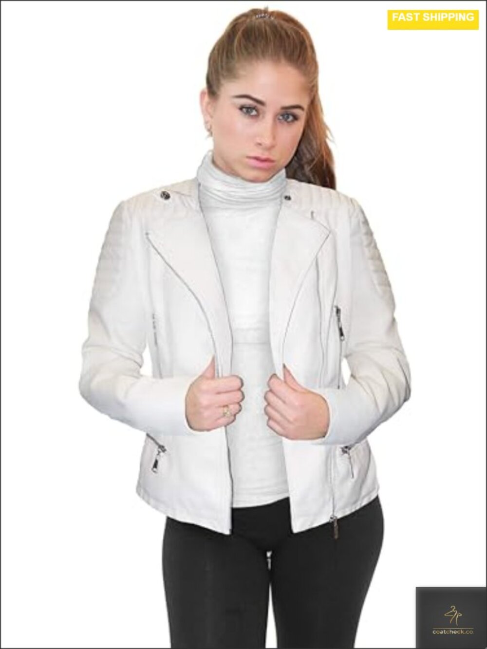 Women's Faux Leather Moto Jacket Long Sleeve Zipper